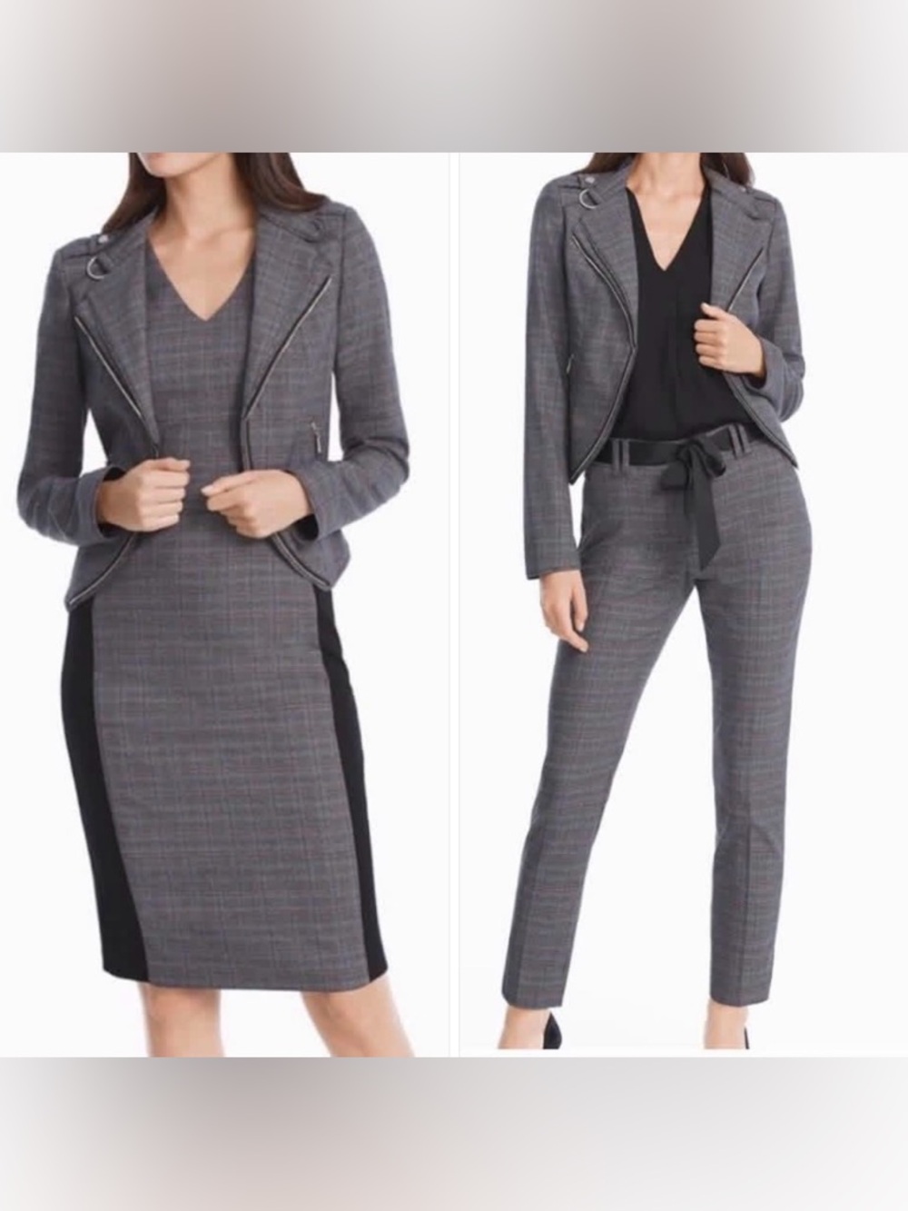 White house black market 3 piece dress, ankle pants, and moto jacket set.